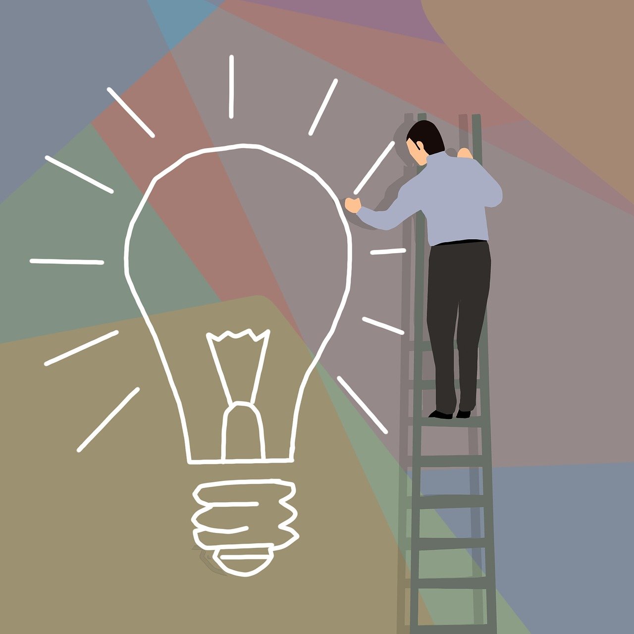 drawing of a light bulb with a ladder beside it and a man on top who is drawing it