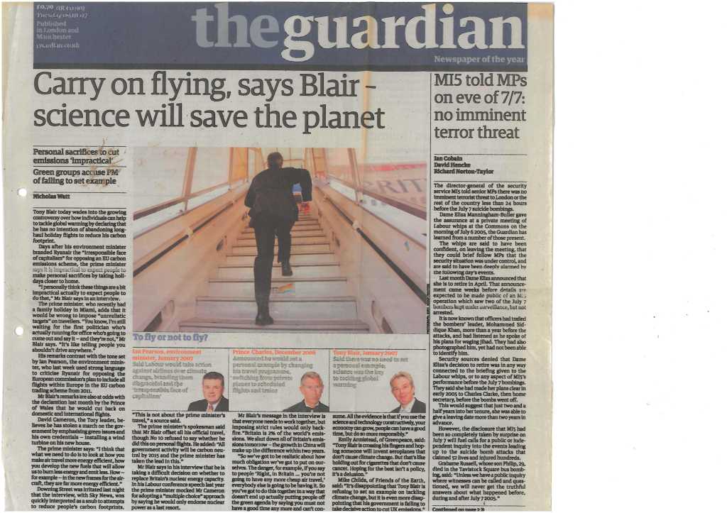 Watt - 2007 - Carry on flying, says Blair - science will save th