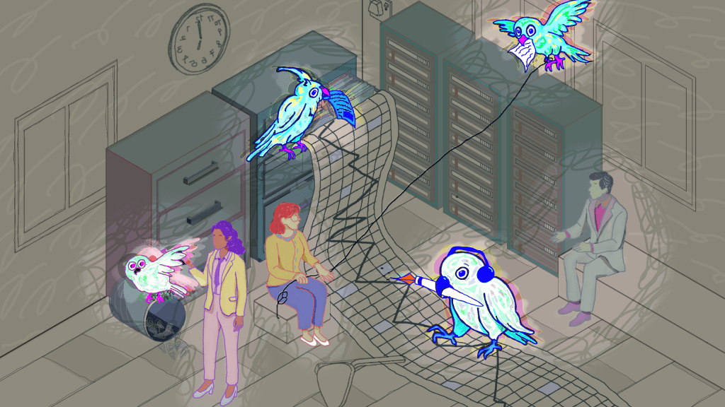 Illustration of a surreal office scene with neon birds interacting with digital elements around three people near servers and file cabinets; one bird writes on a digital mesh, another carries a paper.